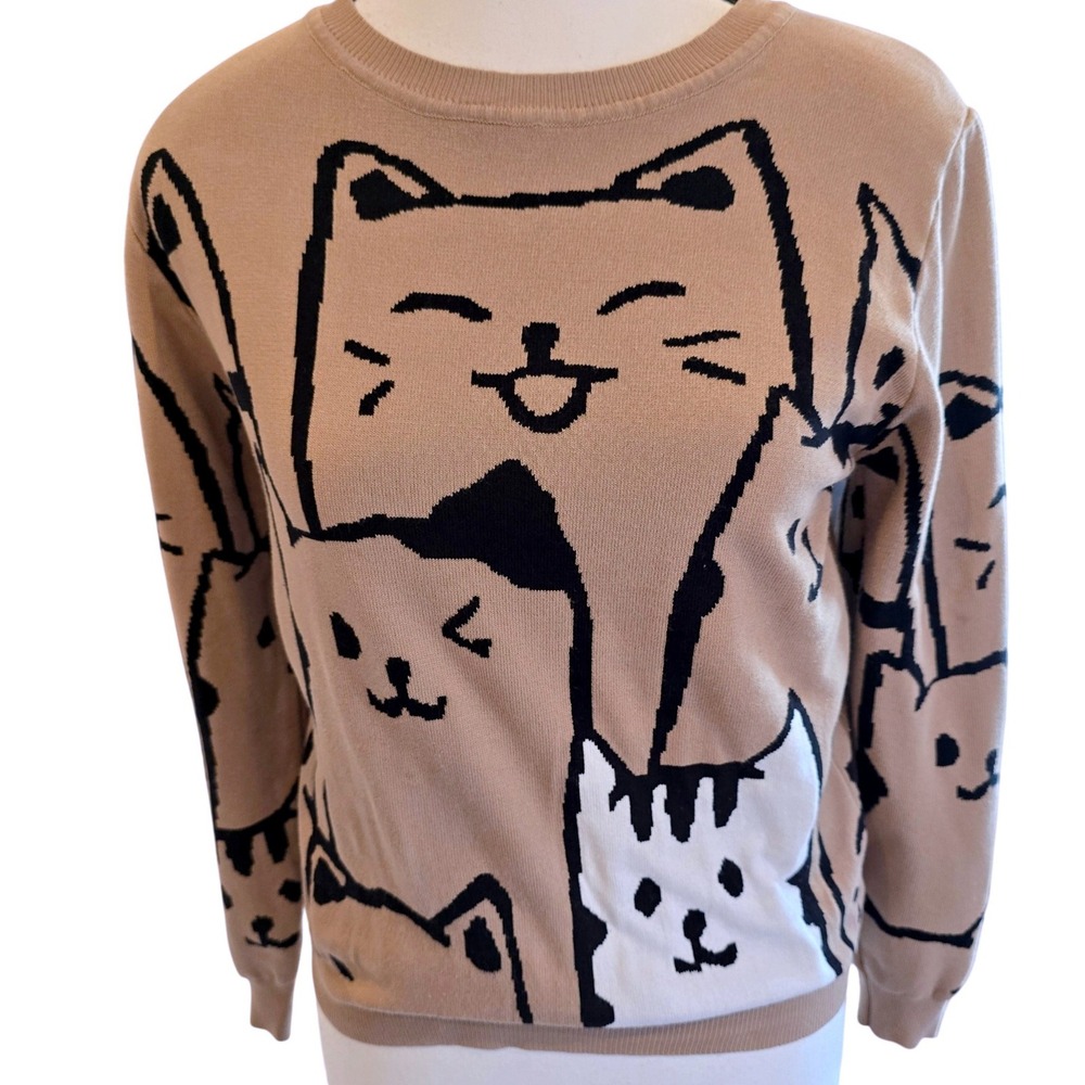 LC Lizette Collection Cat Sweater Womens M Beige Black Kawaii Novelty Knit Top